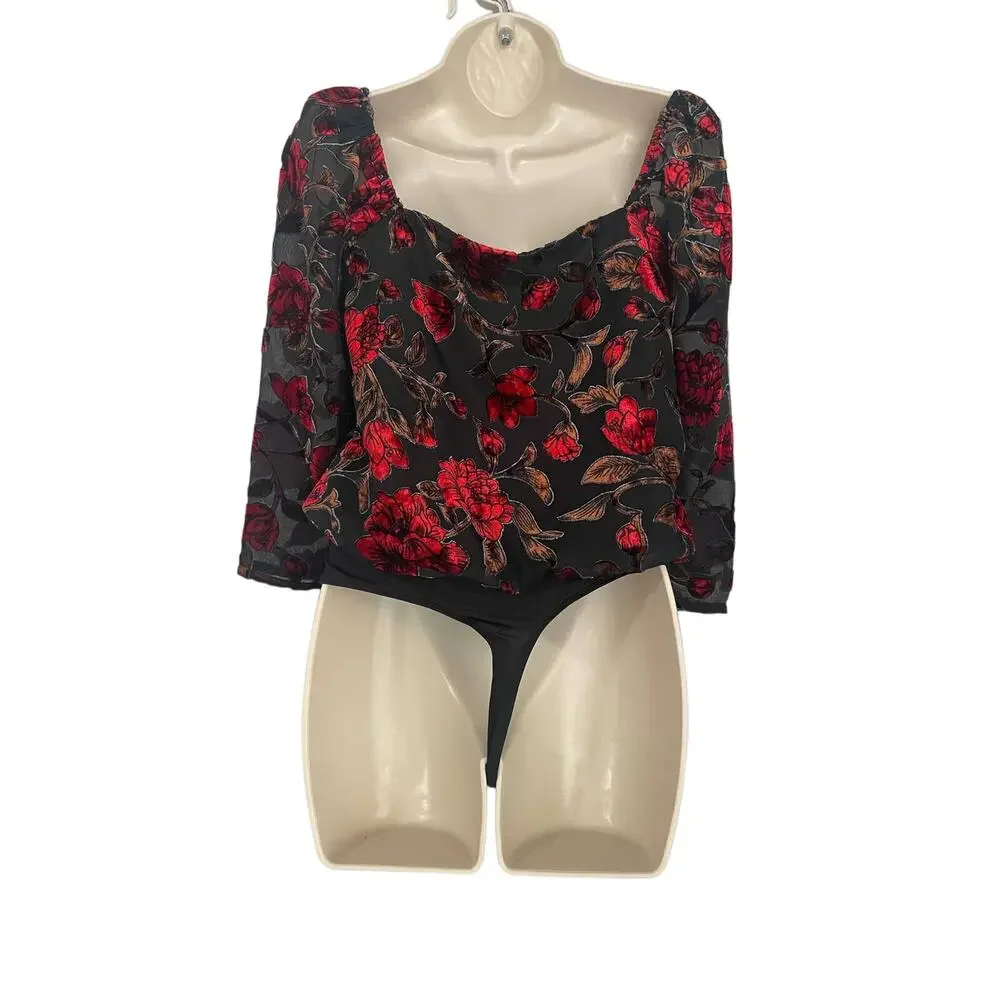 ASTR‎ The Label Demetria Floral Velvet Bodysuit Size XS